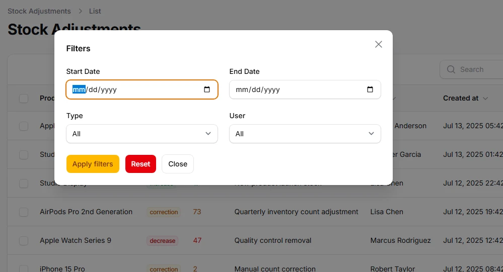Modal layout for comprehensive filtering