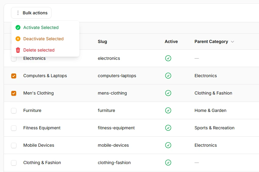 Grouped bulk actions dropdown
